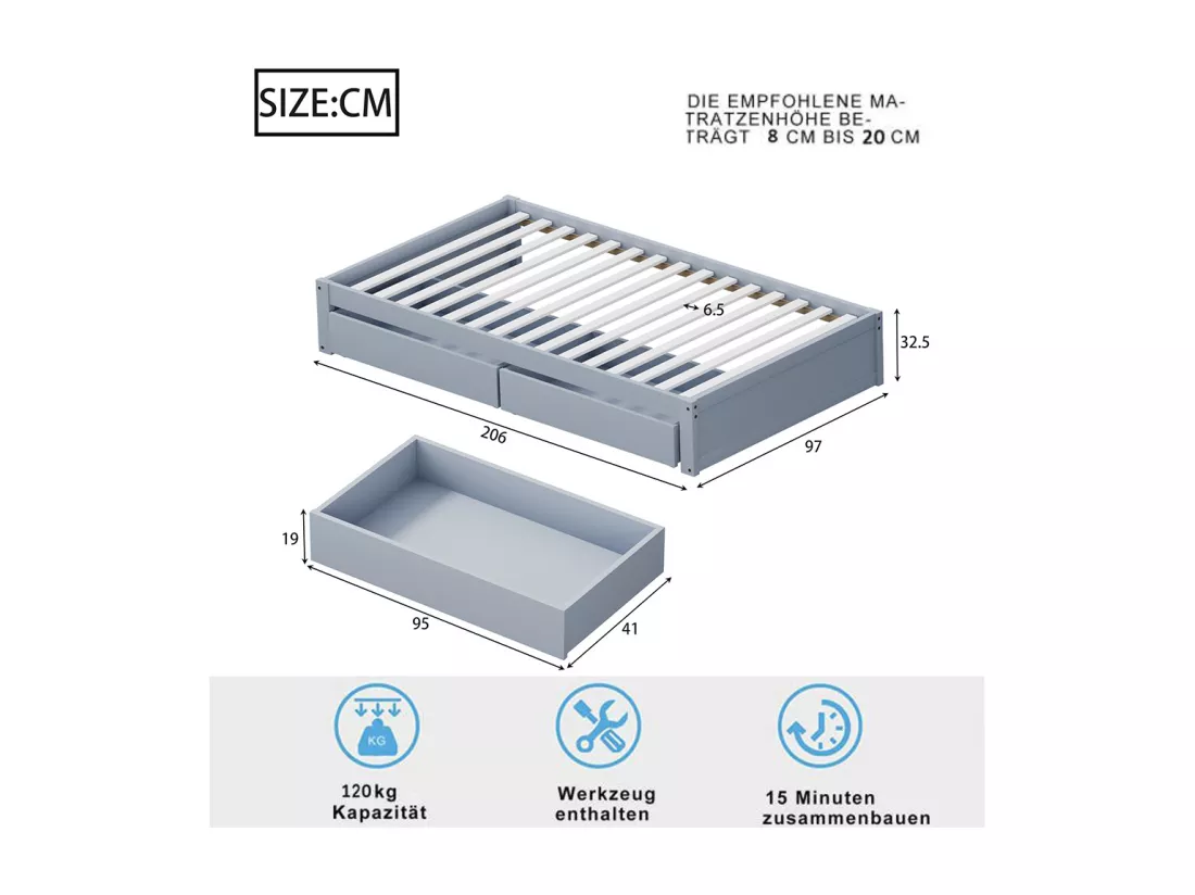 Lit enfant en bois massif 90x200 avec 2 tiroirs et sommier à lattes , lit moderne en bois avec sommier , gris
