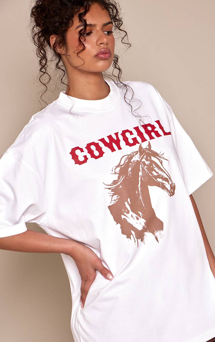 Blanc T-shirt Oversize En Coton Épais Avec Motif Cow-girl