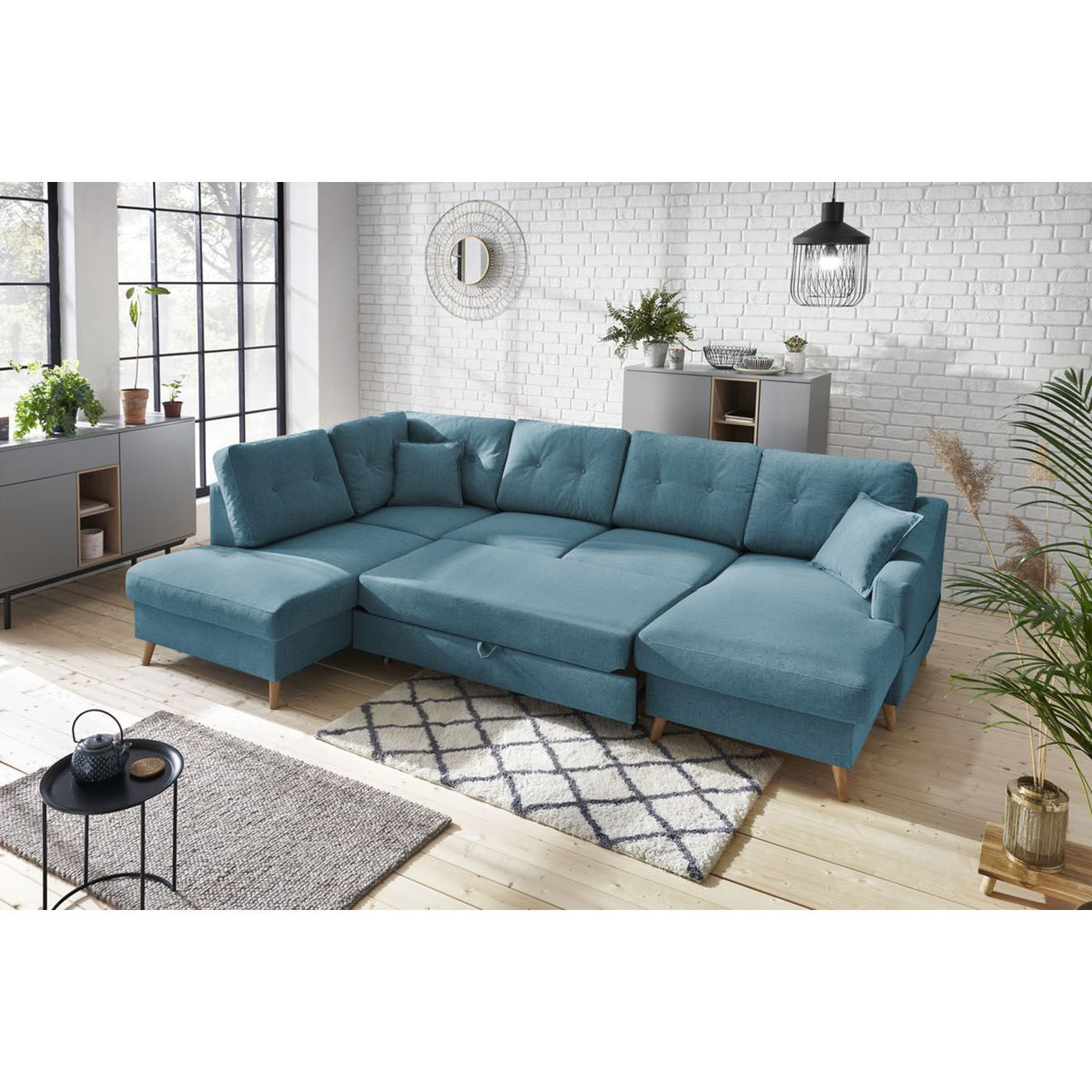 Bobochic Canapé d'angle panoramique convertible droit Sweden bleu clair - 300x149/90/198x95 cm