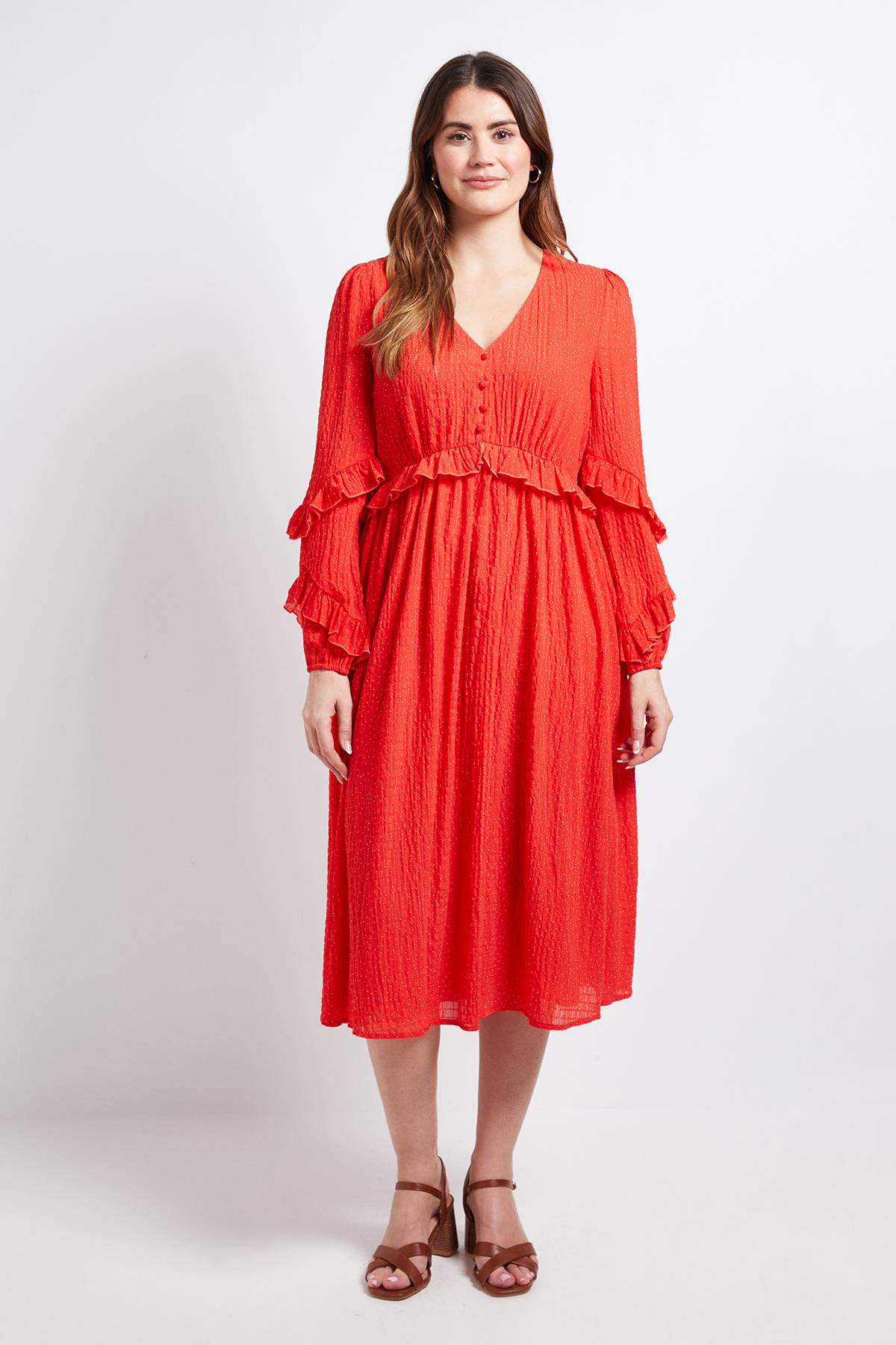 Wallis ROBE MIDI À VOLANTS IMPRIMÉ POIS TEXTURÉ