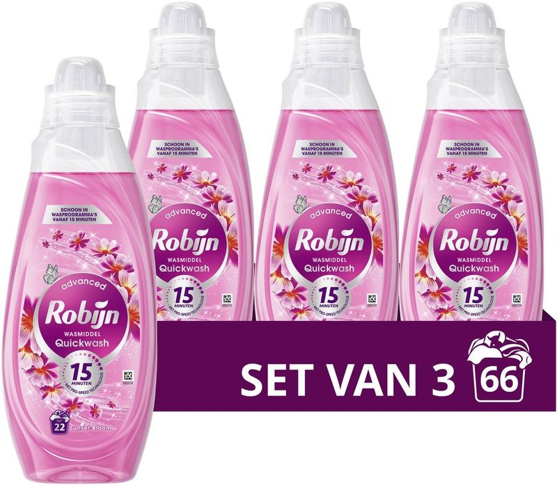 Robijn - Advanced Quickwash - Vloeibaar Wasmiddel - Sunset Bloom - 3 x 22 wasbeurten - Voordeelverpakking