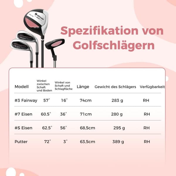 4-delt barnegolfkøllesett med golfbag og regntrekk for barn i alderen 5-7 år, rosa
