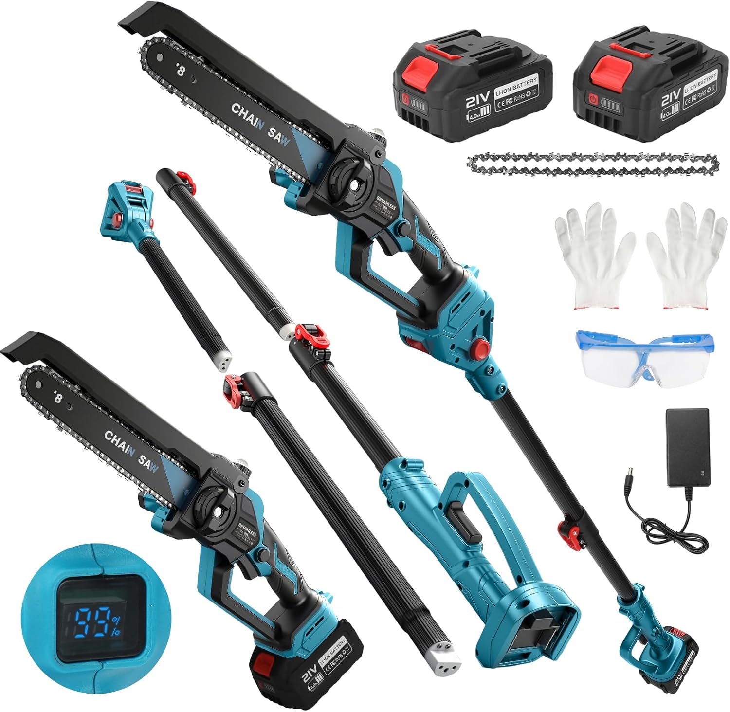 8 Zoll Kettensäge mit 8.5 ft Verlängerungsstange, 2 Batterie, Bürstenlosem Motor, Automatische Kettenölung, Elektrokettensäge Für Gartenholz Baumschere Holzschneiden,Kompatibel mit 18 V (C)