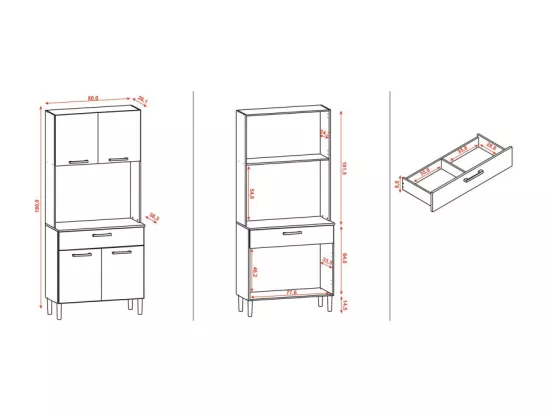 Buffet de Cuisine 4 Portes 1 Tiroir Blanc 3 Niches L 80 H 180 P 36.3 cm