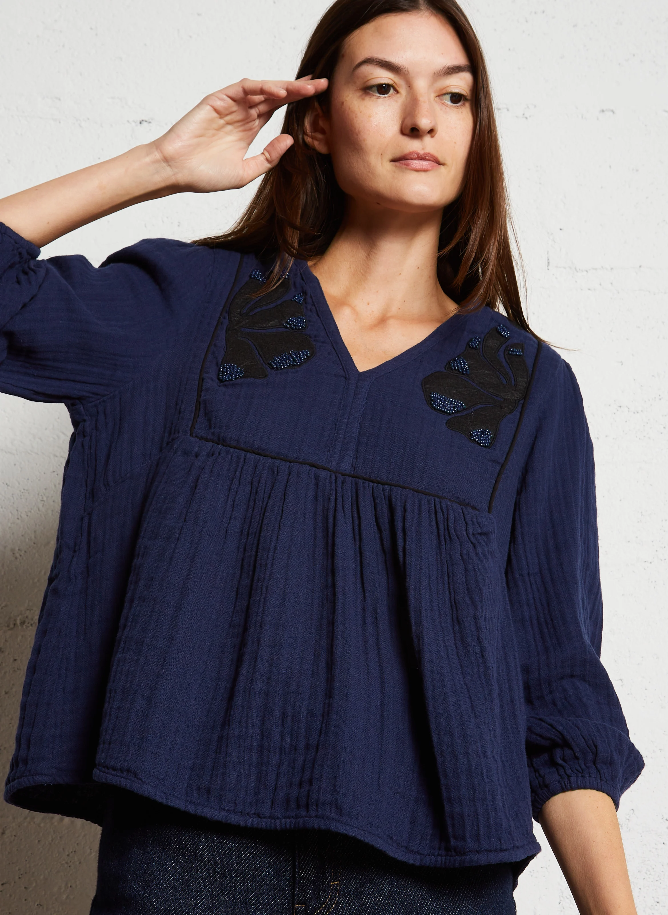 COMBO - Blouse ample col V en coton bio | Bleu