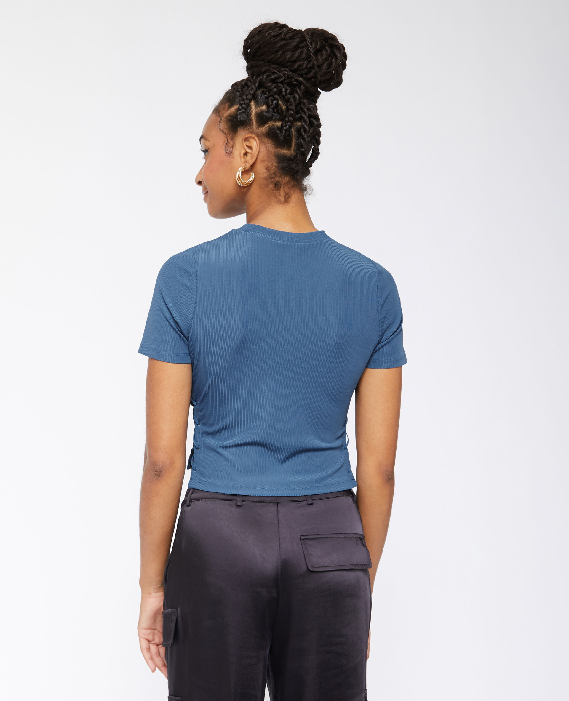 Top en maille côtelée avec découpes et lacets - Bleu