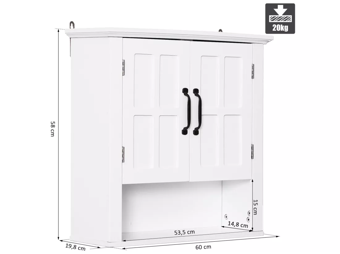 Armoire haute murale de salle de bain ou WC placard 2 portes 2 étagères niche dim. 60L x 20l x 58H cm MDF panneaux particules blanc