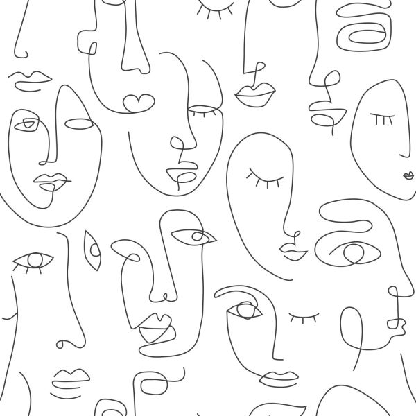 Estahome Line Art Gezichten Behang - 0,53 x 10,05 m - Perzikroze / Wit