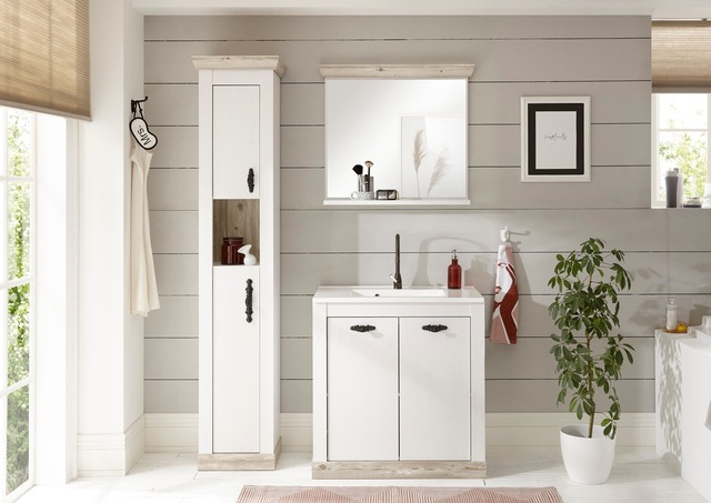 Home affaire Hochschrank »Florenz, Badschrank im Landhausstil, Schrank mit Metallgriffen« in Pinie Weiss, offenes Fach und ausreichend Stauraum hinter Drehtüren