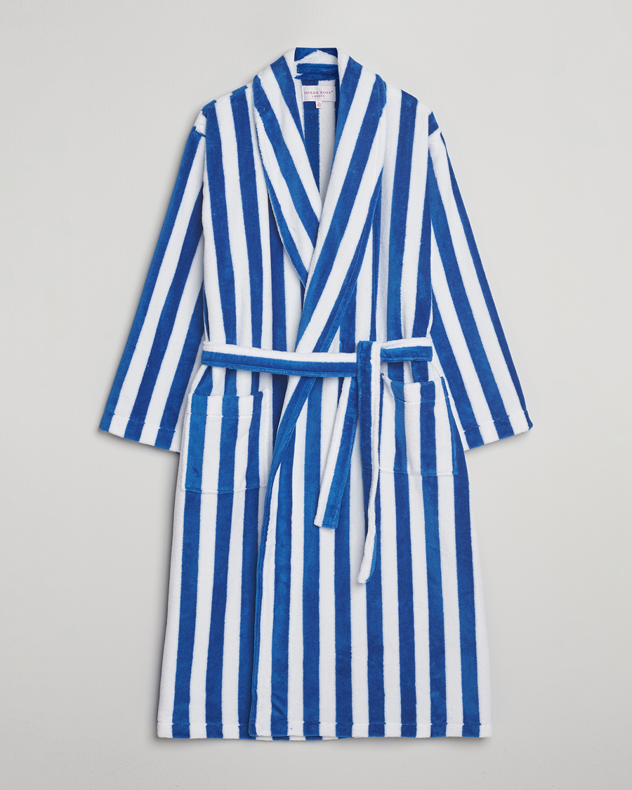 Derek Rose Striped Cotton Velour Gown Blue/White