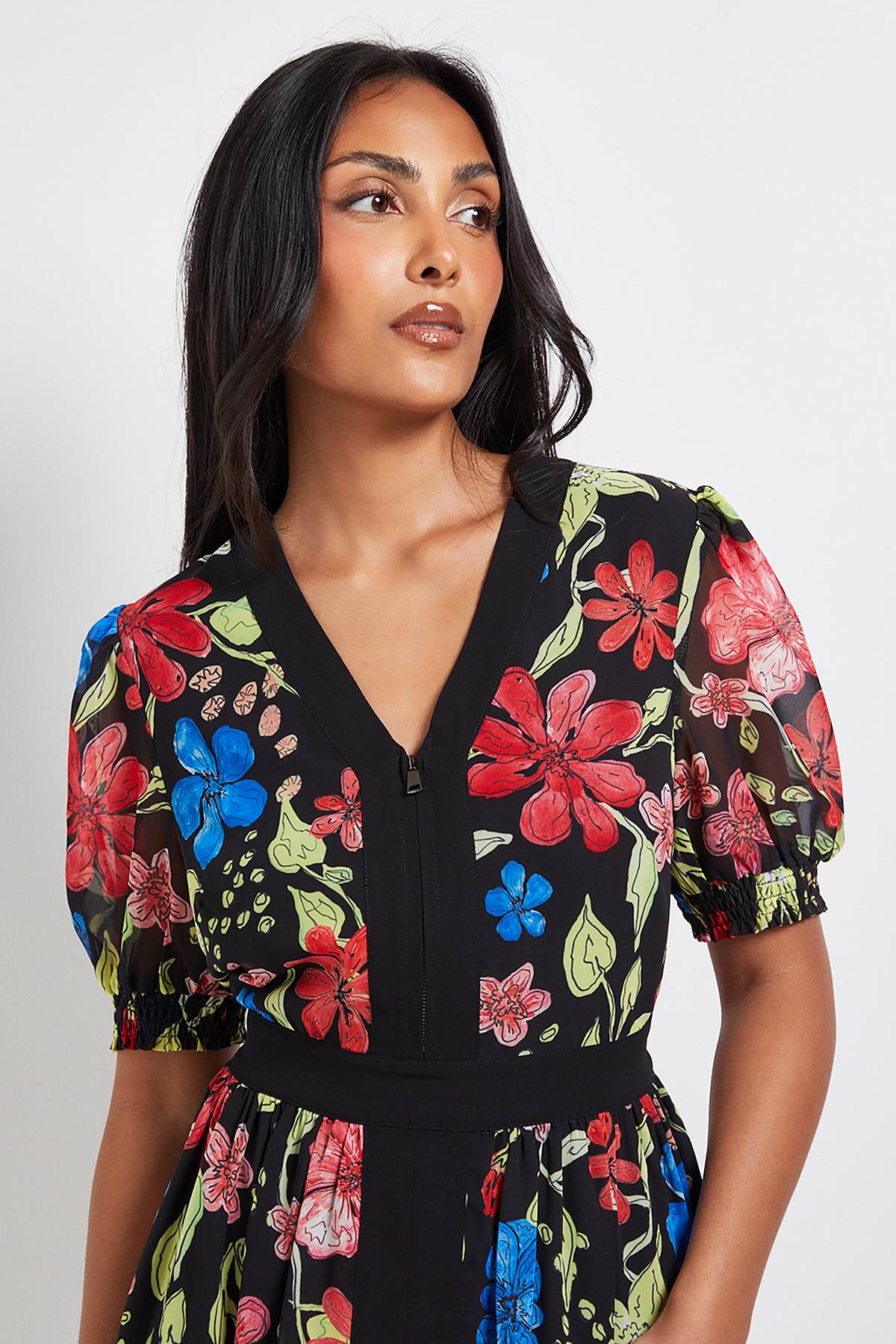Wallis Robe Midi Petite à Imprimé Floral avec Manches Bouffantes et Fermeture Éclair