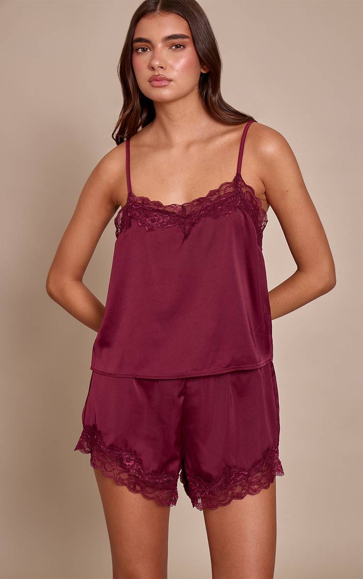 Rouge Bordeaux Ensemble De Nuit En Satin Avec Sac Cadeau