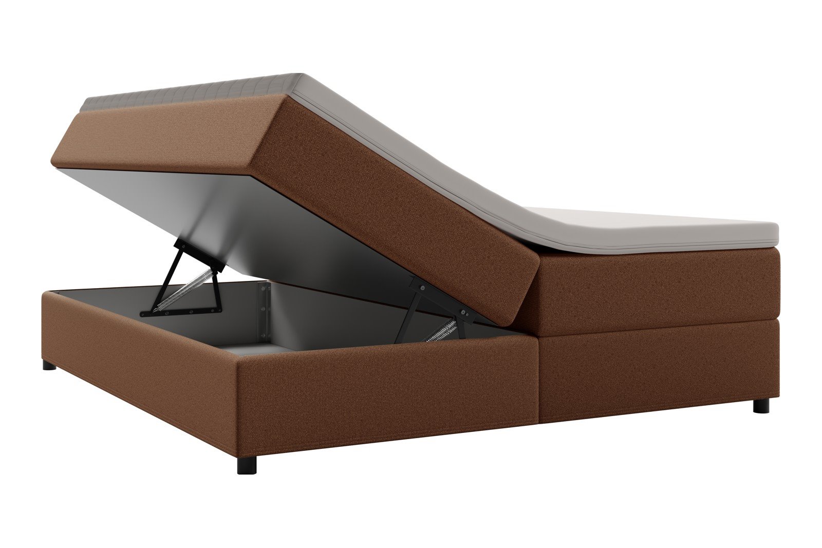 Premium 10 oppbevaringsseng 140x200 cm Magasinseng med oppbevaring, åpnes fra siden. I tekstil storm 54 tan, med fast fasthetsgrad og premium 10 overmadrass,sorte ben. Sengegavl selges separat.
