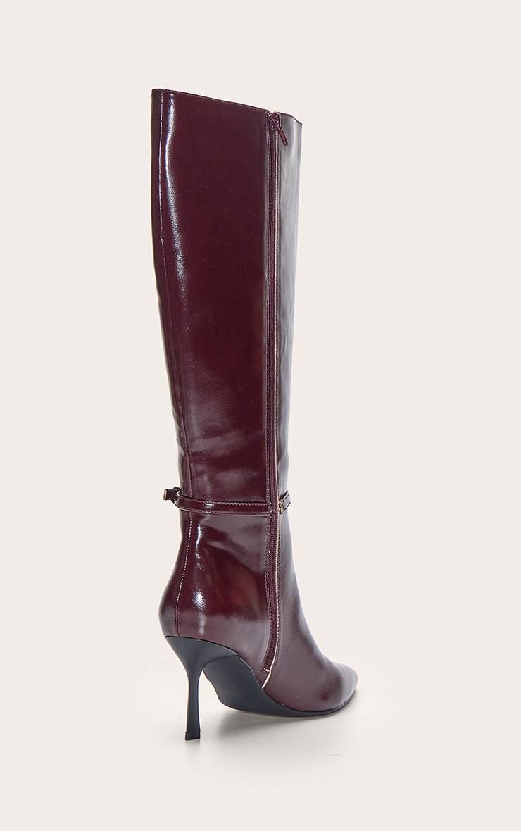 Rouge Bordeaux Botte À Talon Aiguille Montante Au Genou Avec Boucle