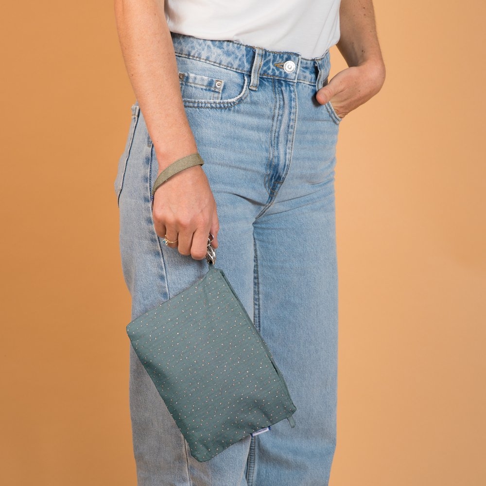 Pochette Tissu Gaze Pois Or Bleu Gris