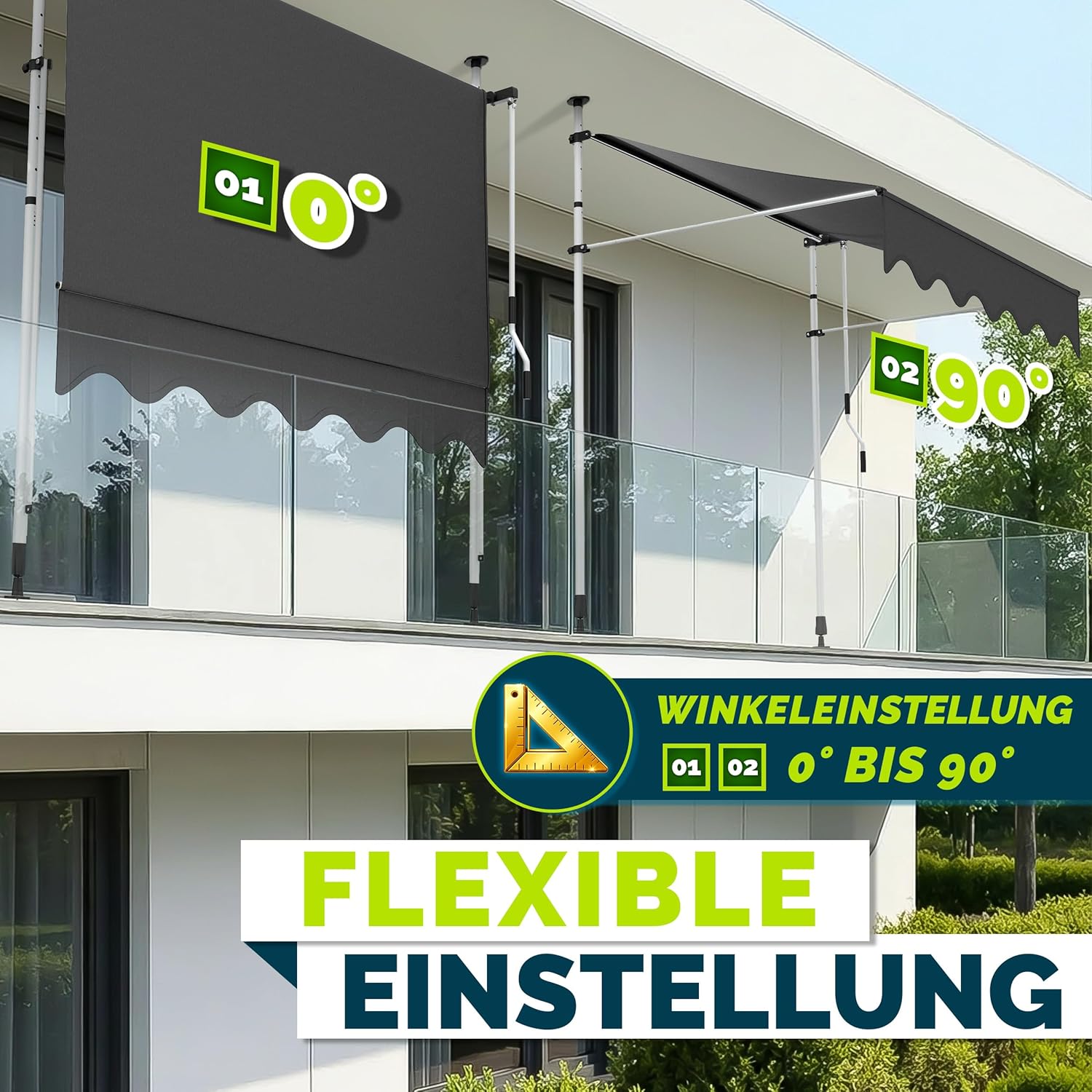tillvex Klemmmarkise mit Handkurbel & LED Lichterkette Balkon | Balkonmarkise ohne Bohren | Markise UV-beständig & höhenverstellbar | Sonnenschutz Terrasse & Garten wasserdicht (Grau, 300cm)