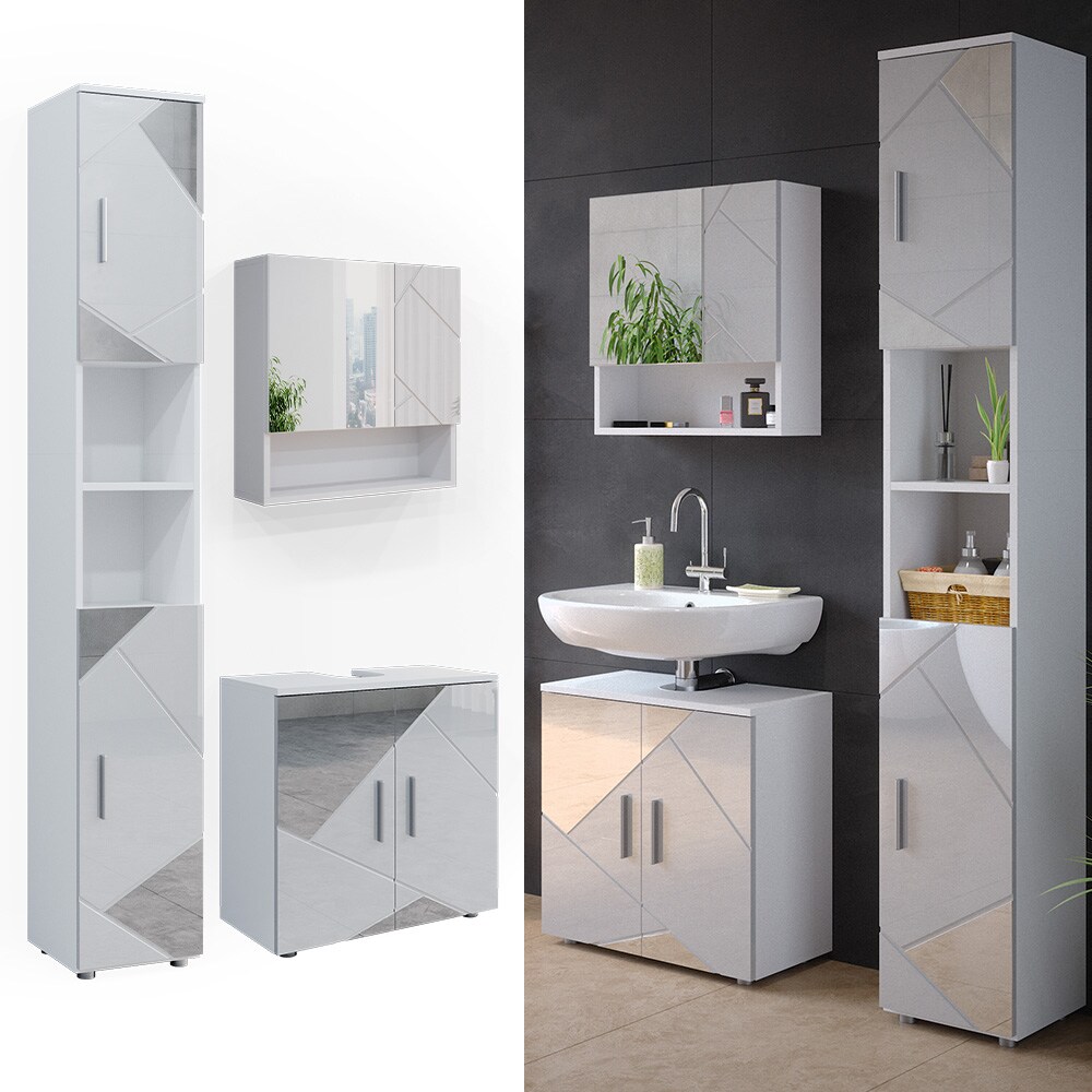 Vicco Badmöbelset mit Dekospiegeln Irma Weiß Hochglanz modern Badezimmerschrank Badschrank Badezimmermöbel Waschtischunterschrank Spiegelschrank Hochschrank Schranktür Schrankfach Schrankschublade