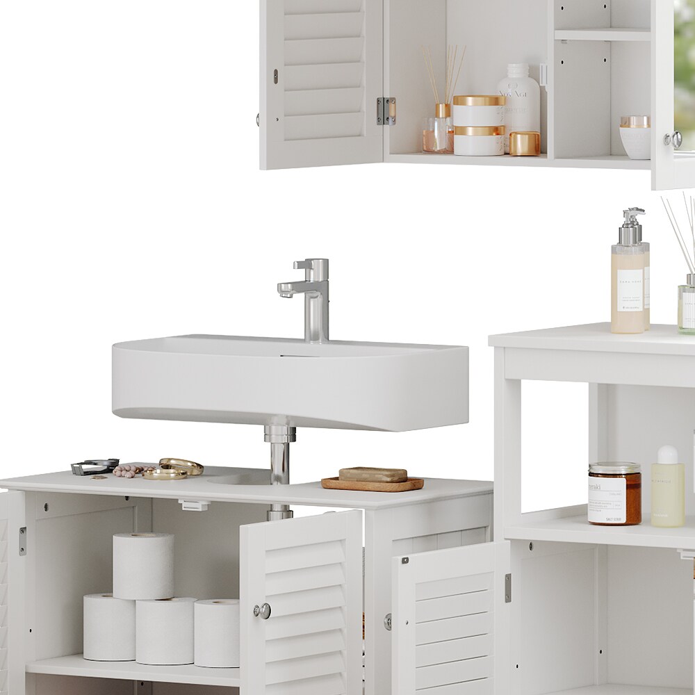 Vicco Badmöbel-Set Riad, Weiß, Badezimmer, moderne Badserie, Lamellen-Front, Waschtischunterschrank, Spiegelschrank, Sideboard