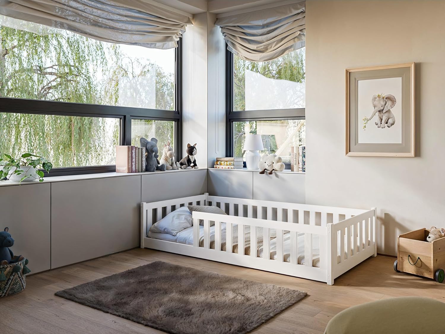Kids Collective Kinderbett Bodenbett 80x180 cm mit Rausfallschutz & Lattenrost Montessori Bett Bed Gitterbett Kinder Jugendbett Einzelbett | weiß | von 3. bis 12. Lebensjahr