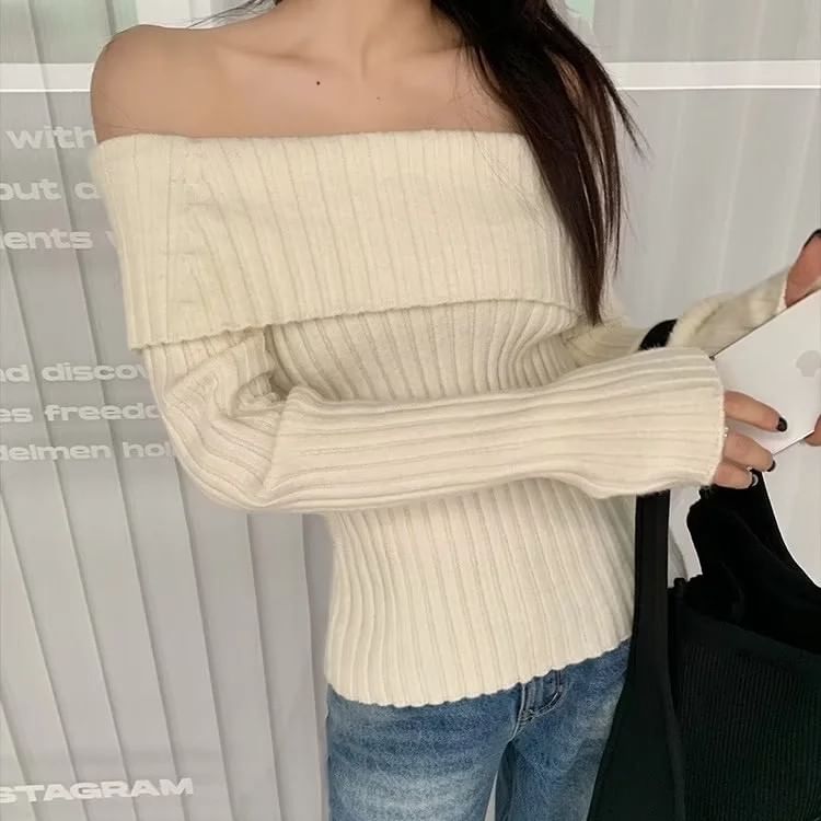 Asiris - Lange mouwen off-shoulder effen geribbelde trui