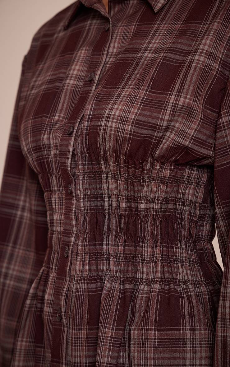 Marron Robe Chemise À Carreaux À Manches Longues Avec Taille Cintrée