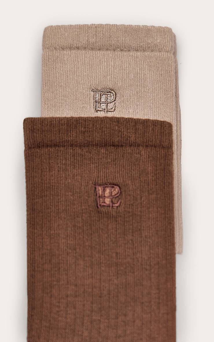 Marron Lot De 2 Paires De Chaussettes Côtelées Brodées Beige