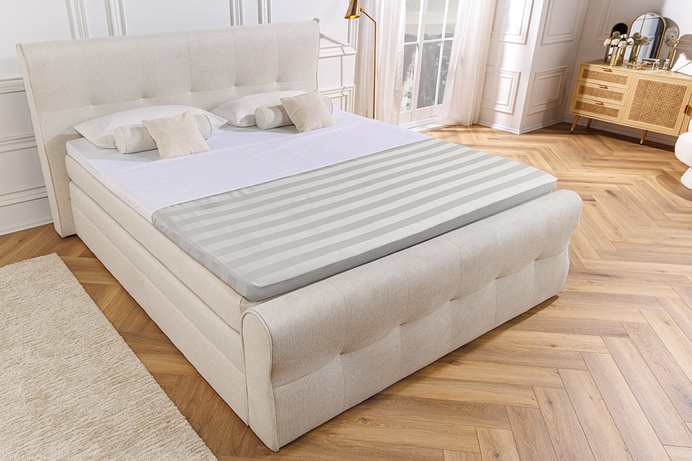 Design Boxspringbett SIGNUM 140x200cm creme Strukturstoff inkl. Stauraum und Topper