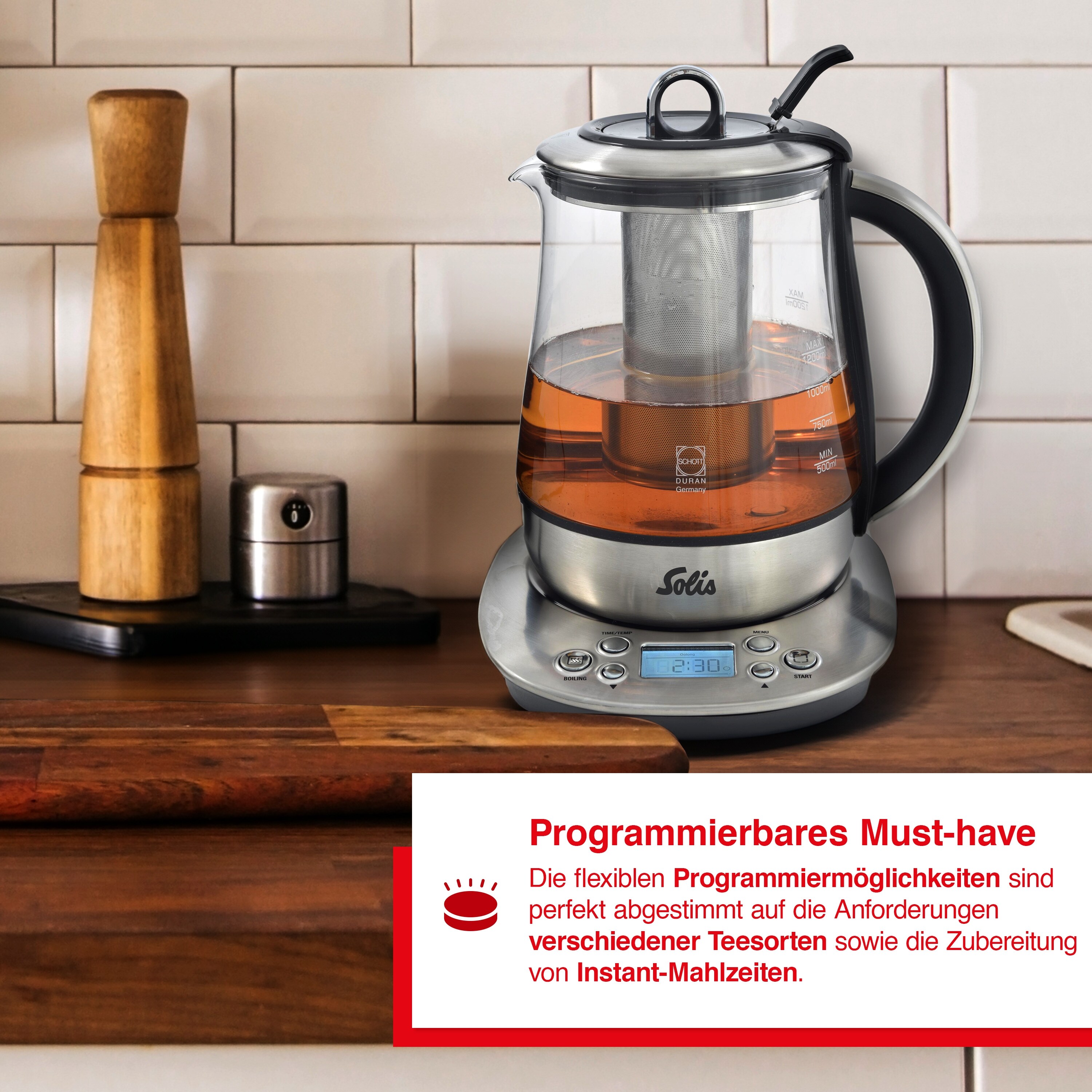 Solis Tee- & Wasserkocher, 1,2 L Volumen, Programmierbare Tee Tasten