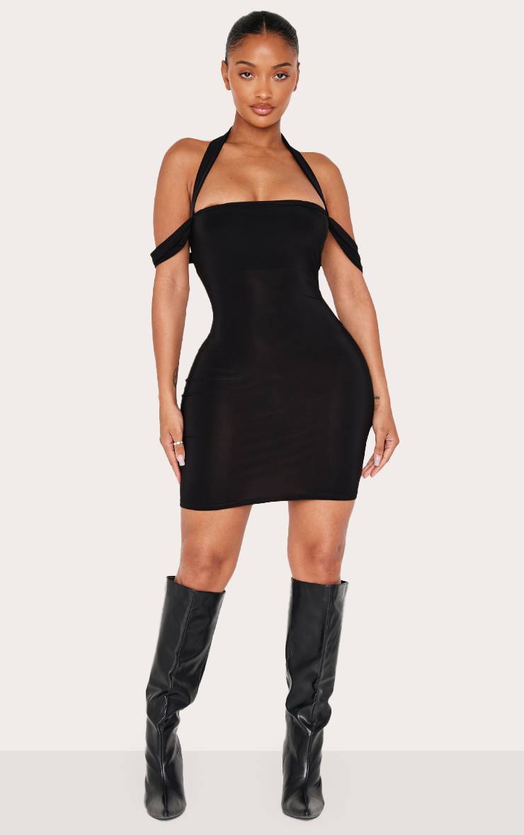 Noir Robe Mini Ajustée À Encolure Droite Et Col Licou