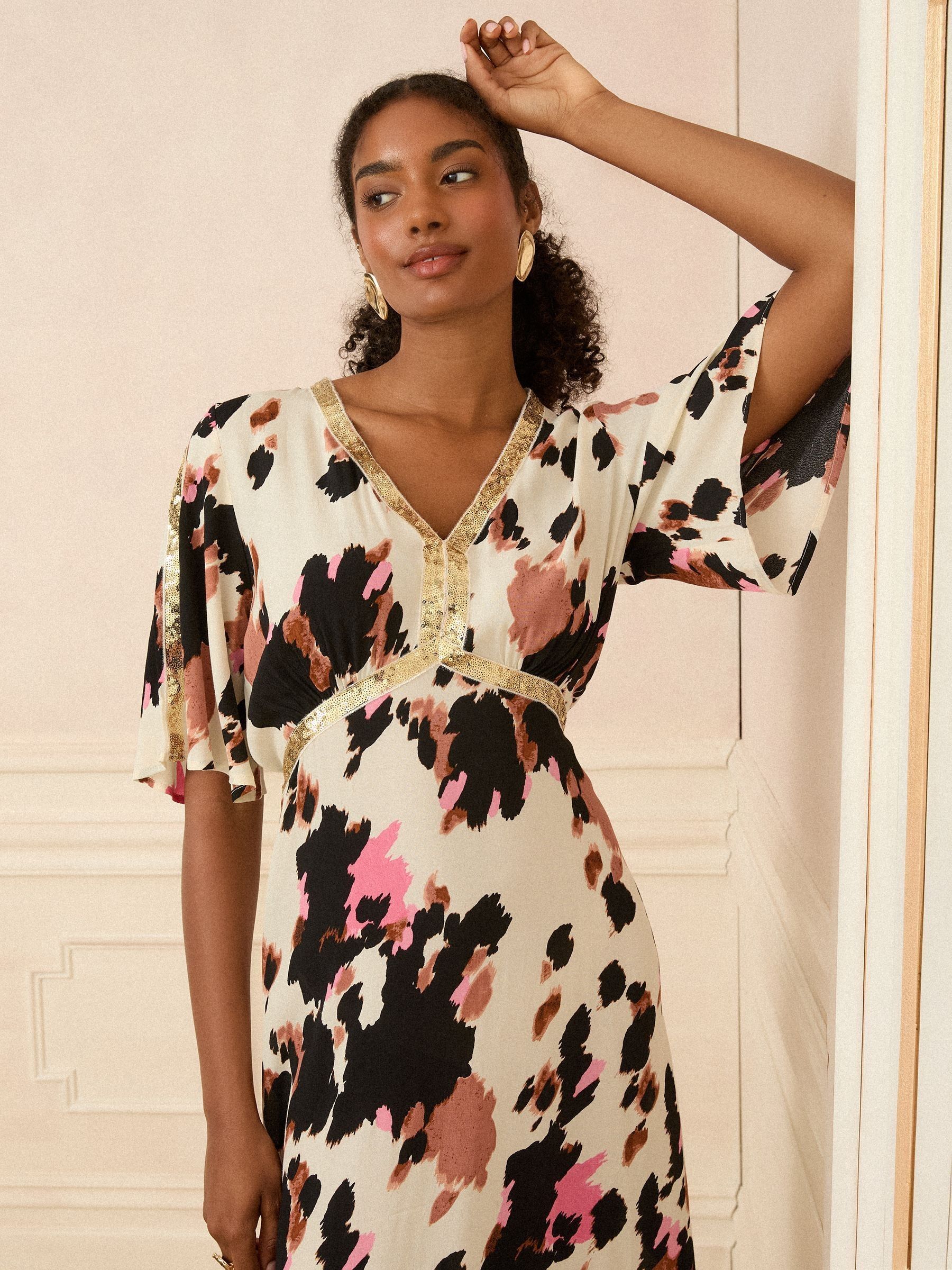 Neutraal - Love & Roses midi-jurk met pailletten en engelmouwen