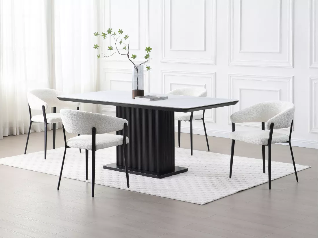 Lot de 2 chaises avec accoudoirs en tissu bouclette et métal noir - Blanc - AVRELA