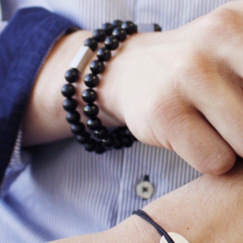 Bracelet perles agates noires homme - gravure JE T'AIME