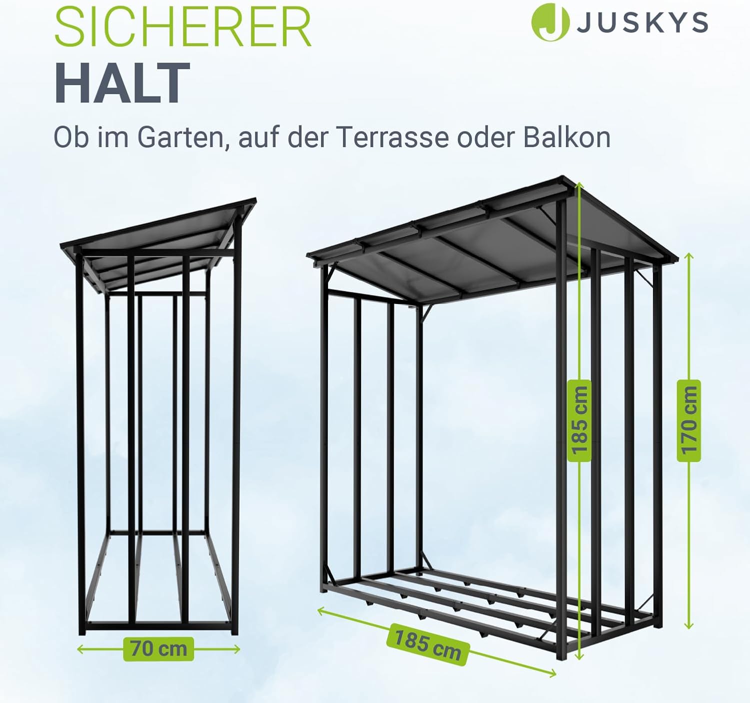Juskys Kaminholzregal mit Dach – wetterfest, mit UV-beständiger Plane, erhöhter Boden & einfacher Montage, ideal für Outdoor-Lagerung