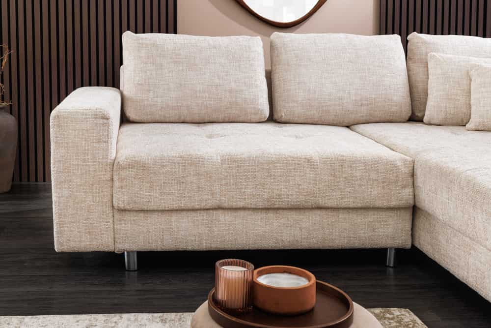Moderne Wohnlandschaft KENT 220cm champagner beige Strickstoff Ecksofa inkl. Hocker