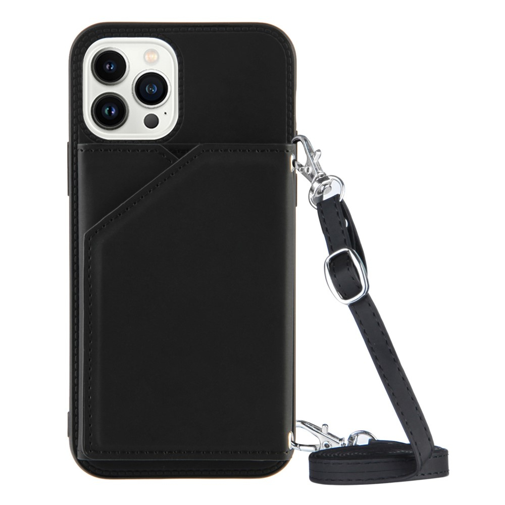 iPhone 15 Pro Necklace Leder Schutz Hülle mit Kartenfächer   Handykette (150cm) - Schwarz