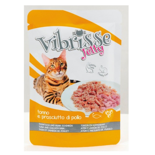 Sachê de gelatina Vibrisse com atum e presunto de frango para gatos.