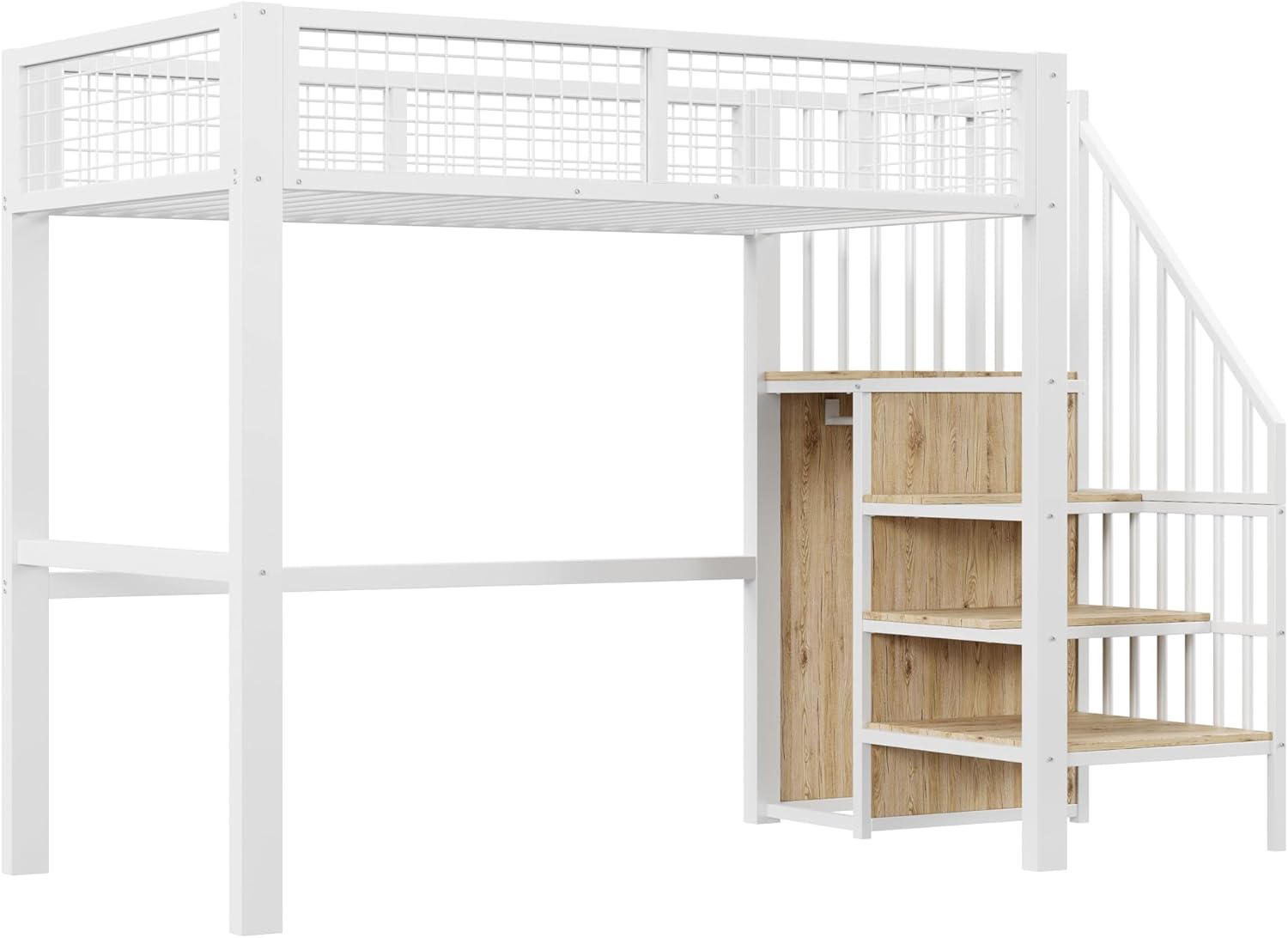 Merax Hochbett aus Metall, 90 x 200 cm, mit Kleiderschrank, multifunktionales Hochbett für 1 Platz mit Treppe, Weiß (Ohne Matratze)