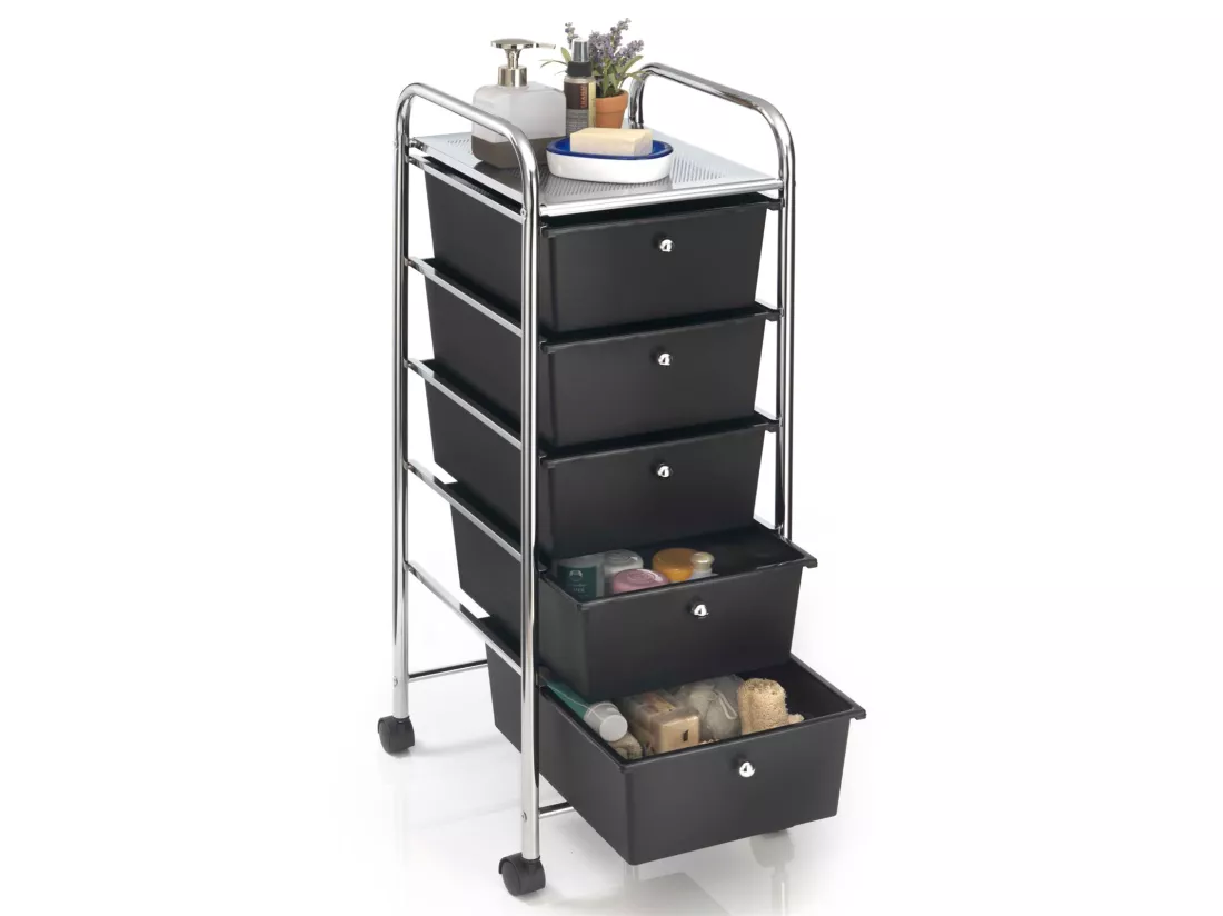Caisson sur roulettes GINA chariot avec 5 tiroirs en plastique noir et 1 étagère, rangement salle de bain en métal chromé