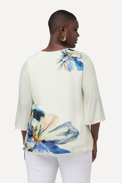 Bluse, Blüten, Oversized, V-Ausschnitt, 3/4-Glockenärmel
