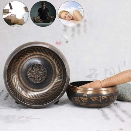 (Ø9cm) Tibetische Messing Klangschale Handgehämmerte Meditations Glocke inkl. Holz Klöppel - Bronze