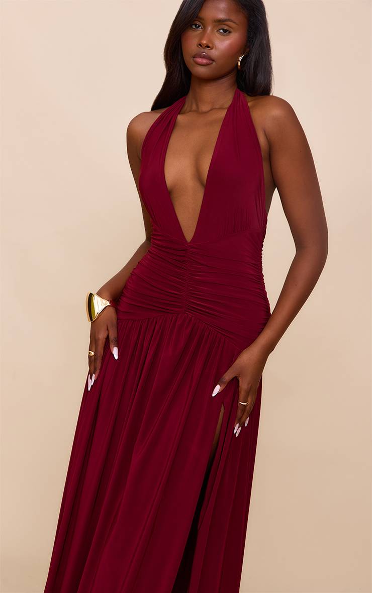Rouge Bordeaux Robe Longue Froncée Double Épaisseur En Tissu Fluide