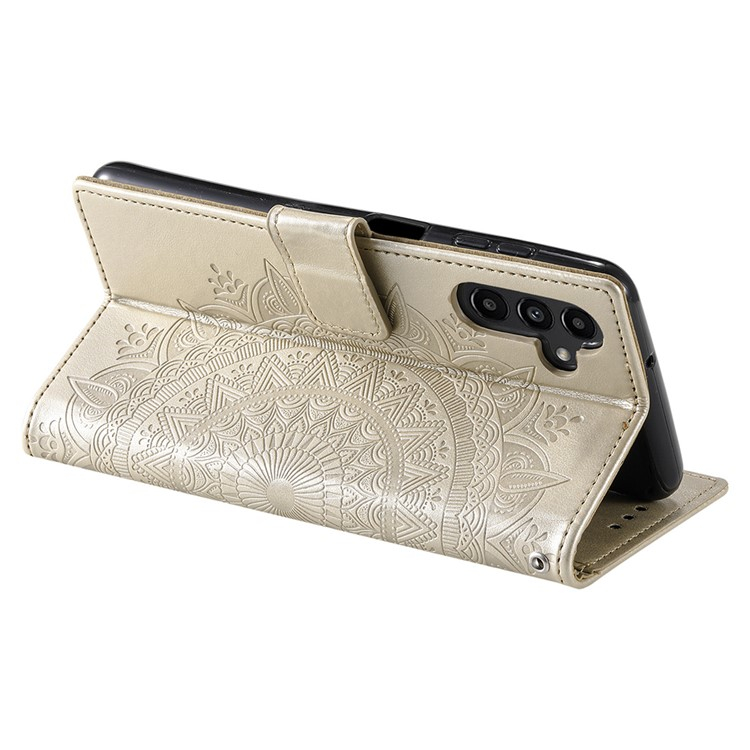 Samsung Galaxy A36 Leder Tasche Wallet - Mandala Flowers Imprint - Gold