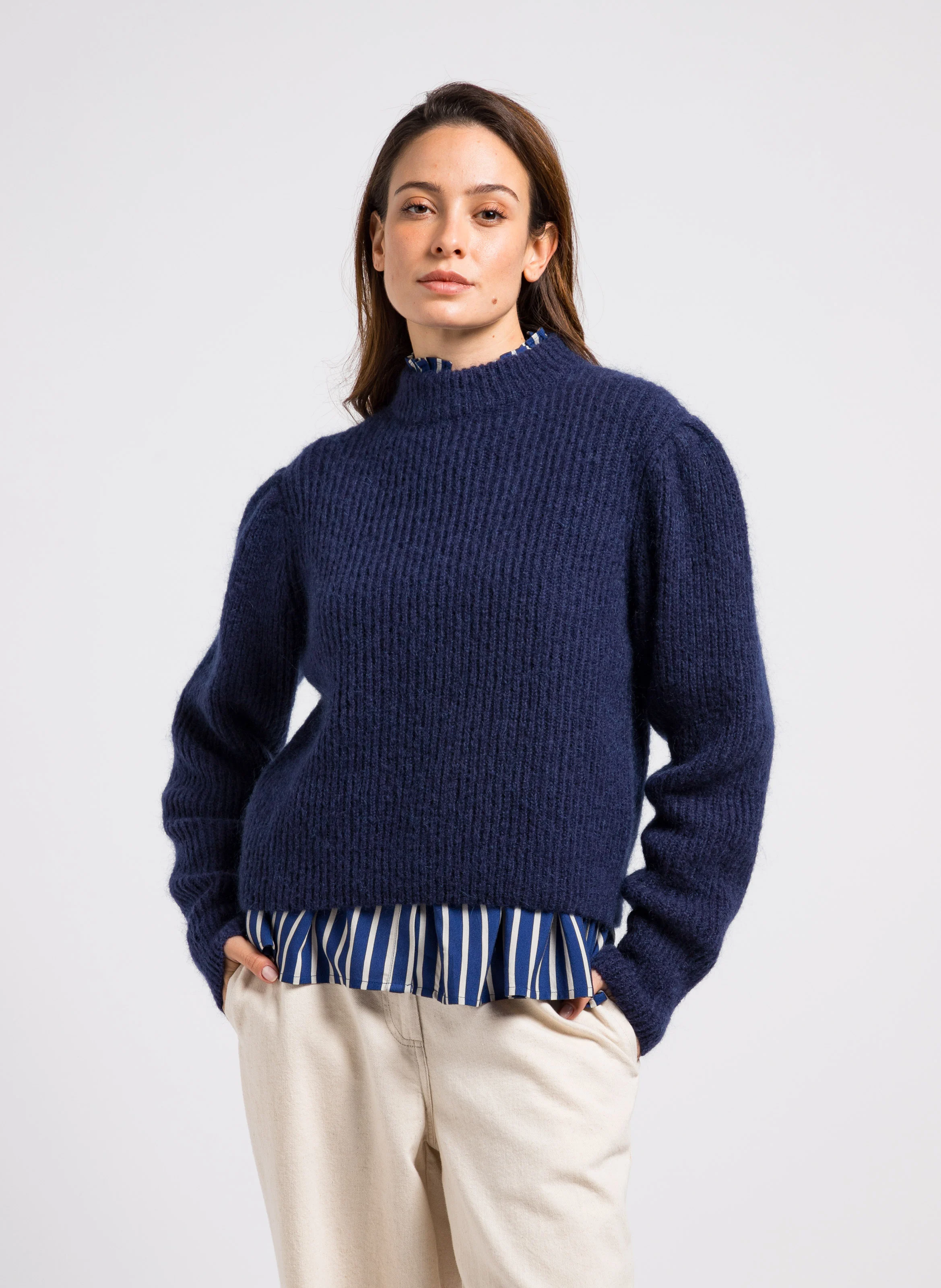 MIMI - Pull col montant en laine mélangée | Bleu