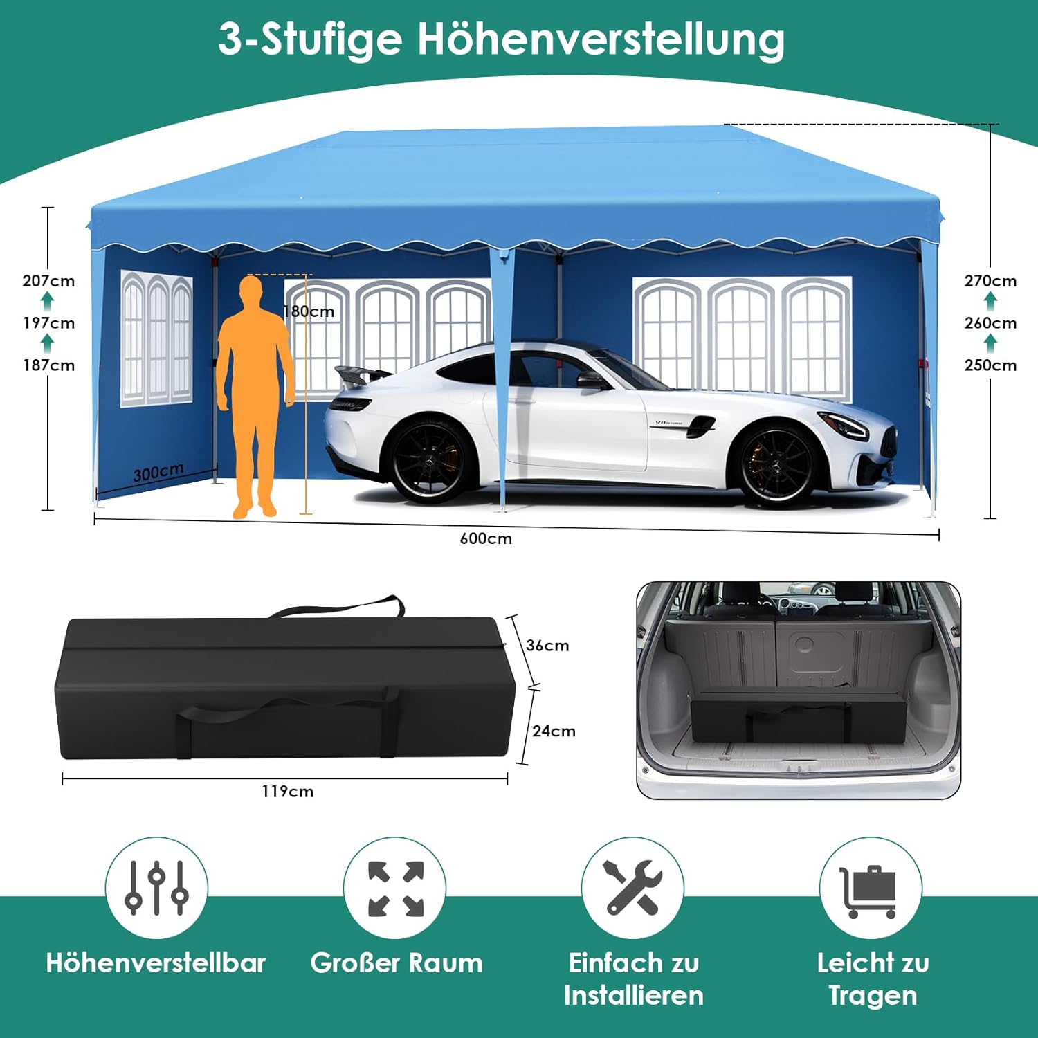 Pavillon 3x6 Faltpavillon mit 4 Seitenteilen 6 PCS Sandsack, Wasserdicht Partyzelt 420D Oxford Verdicken, Anti-UV 50+ Gartenpavillon, inkl. Tragetasche, Pavillons für Garten Party Hochzeit,Blau