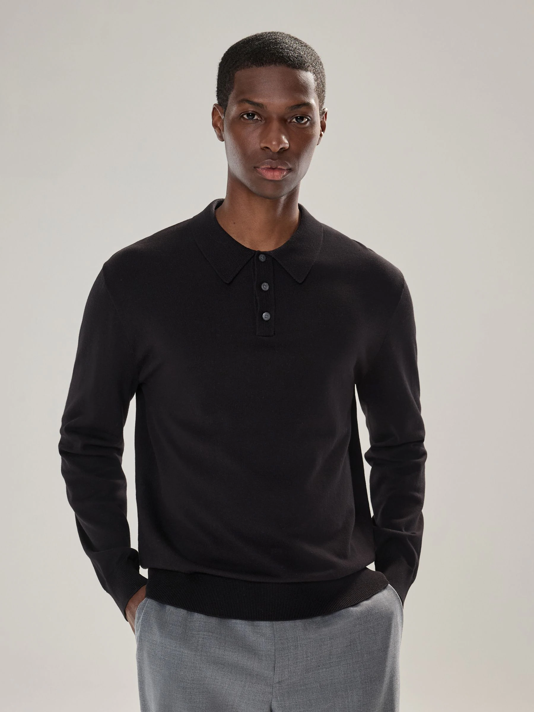 Zwart - Normale Pasvorm - Katoenrijk gebreid poloshirt met lange mouwen