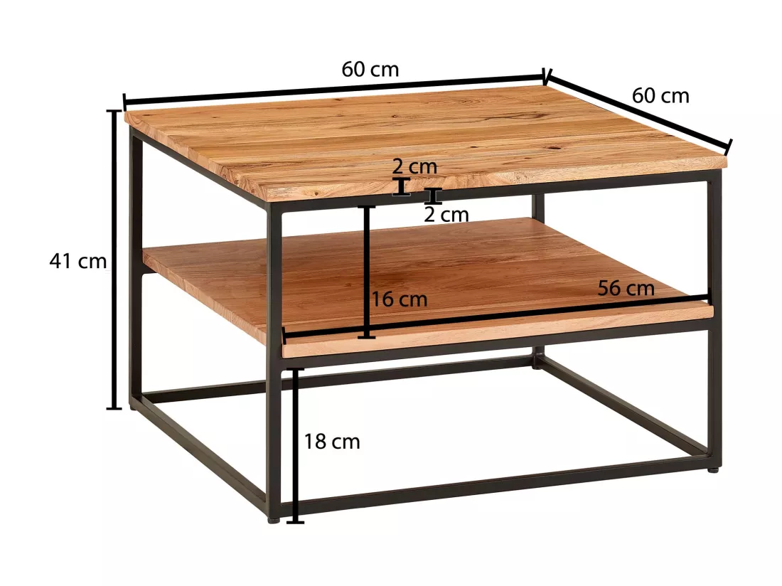 table basse 60x60x41 cm table basse bois massif métal table de salon acacia | Table de chambre industrielle avec espace de rangement | Table carrée en bois, table basse solide