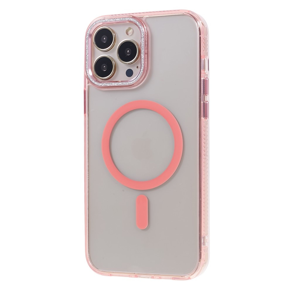 iPhone 14 Pro MagSafe Gummi Case Hülle mit Glitzer Aluminium Kameraschutz - Rosa / Transparent