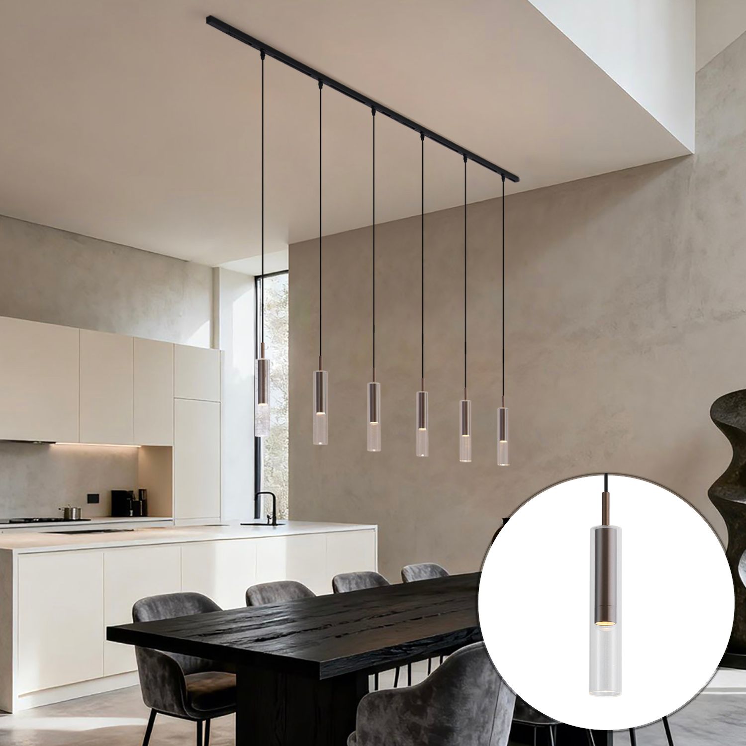 Modern railsysteem zwart met 6 hanglampen donker brons 1-fase - Slimline Loyce