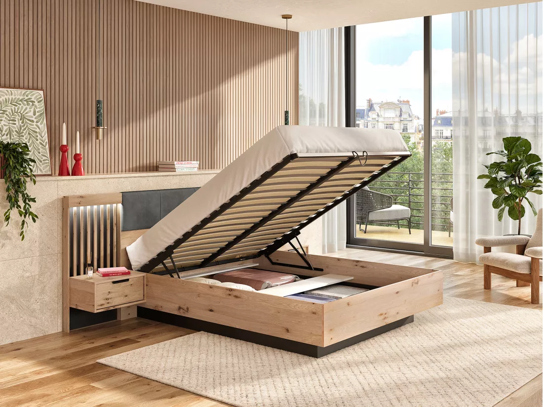 Lit coffre avec chevets 160 x 200 cm - Avec LEDs - Coloris : Naturel et noir - ARIADA