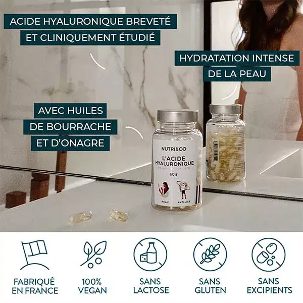 Nutri&Co Ácido Hialurônico, Prímula e Borragem - Tratamento Antienvelhecimento para a Pele - 60 cápsulas